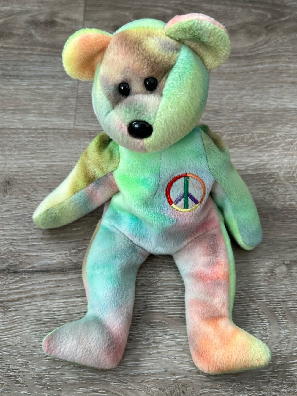 Ty 1996 Beanie Baby Pastel Tie-Dye Peace Bear - Green, Pink, Orange, Yellow